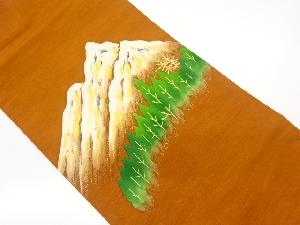 手織り紬金彩手描き山並みに木々模様名古屋帯